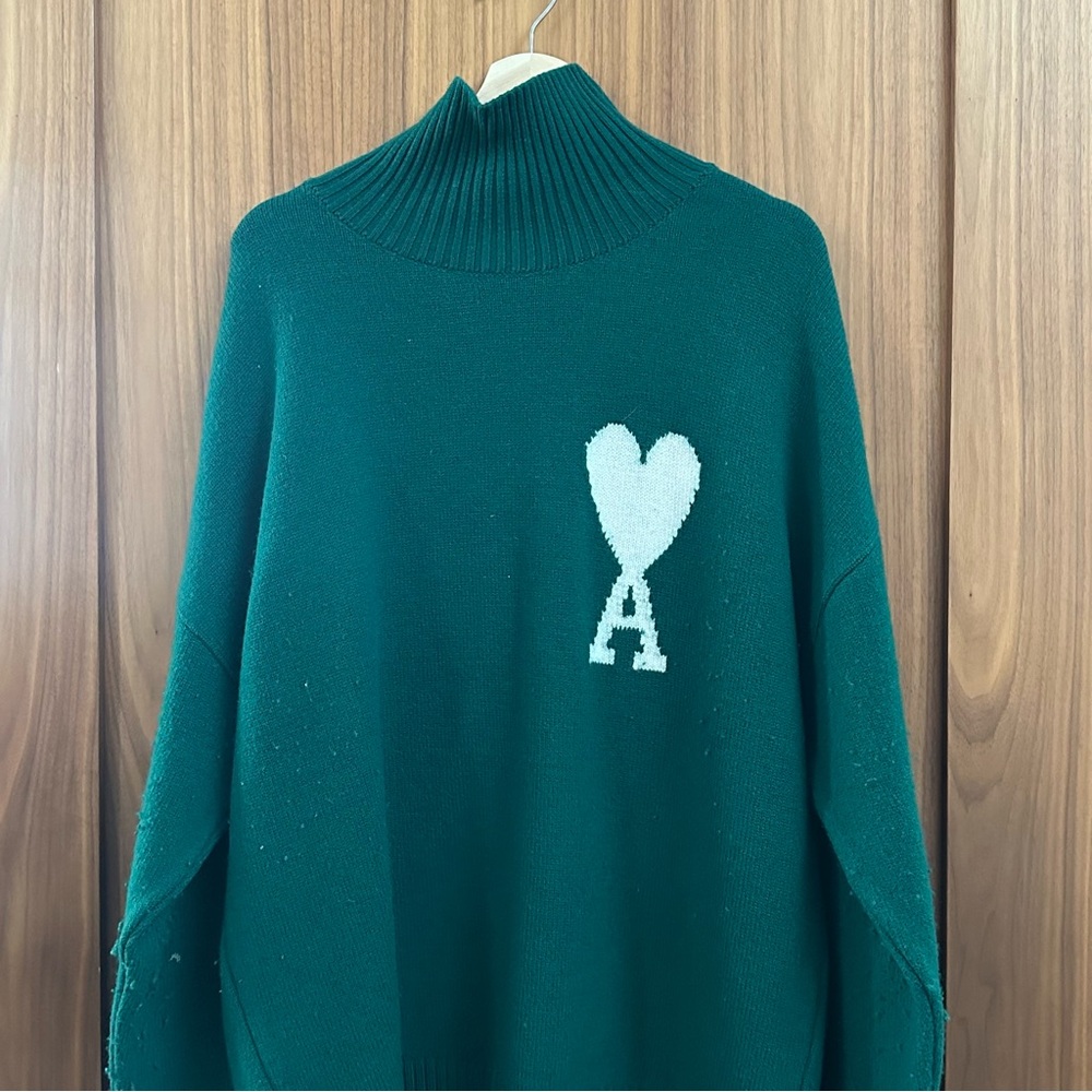 Elegant Teal Turtleneck Sweater with Heart Motif